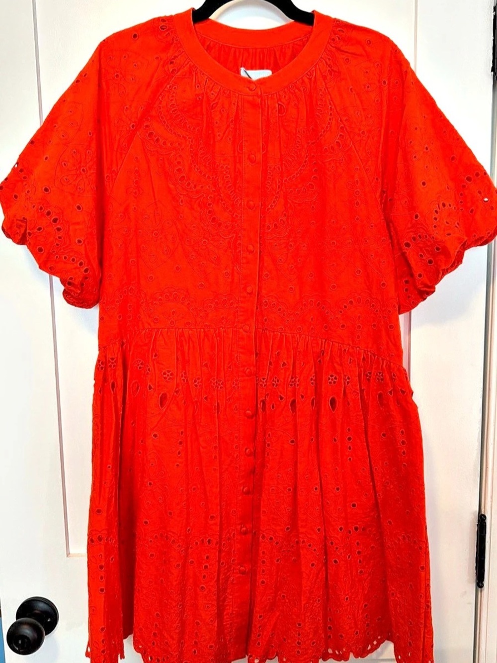 Antonio Melani Eyelet Short Puff Sleeve Scallop Hem Mini Dress